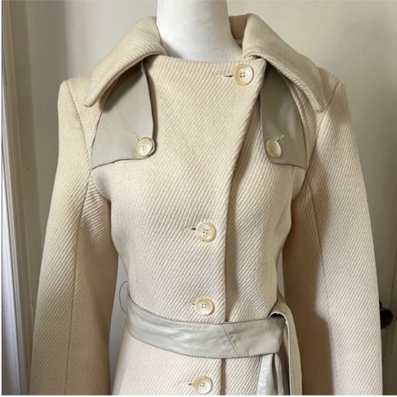 Mackage | Women’s Size S Cream Wool Coat with Leather Trim Accents + Belt - Picture 3 of 14